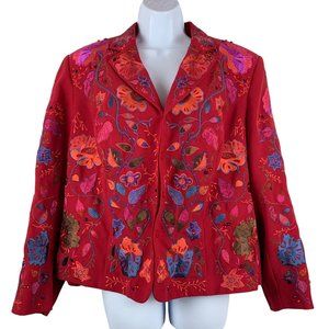 John Meyer Womens Embroidered Floral Embellished Crystals Blazer Jacket Red 16W